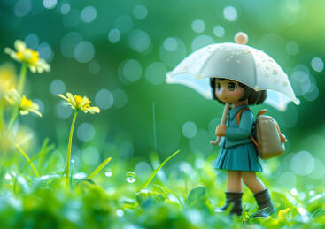 下雨天一个小女孩撑伞在户外踏青