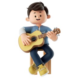 一个男孩坐在椅子上弹吉他3D人物插画素材