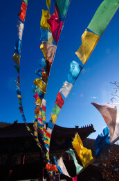 大连横山寺悬挂的彩色经幡迎风飘扬