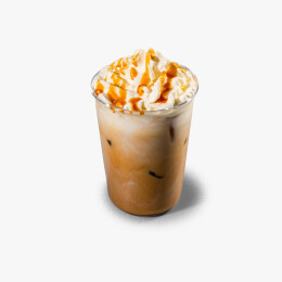 白色桌面上有一杯焦糖拿铁咖啡