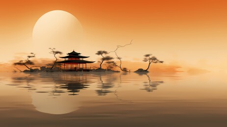日落河上寺庙传统风景插画背景海报装饰画
