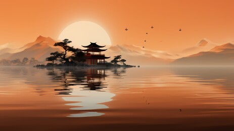 日落河上寺庙传统风景插画背景海报装饰画