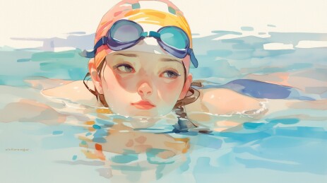夏天清新明亮戴泳帽泳镜游泳的女孩