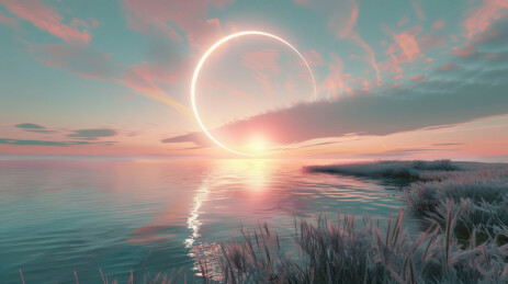 湖泊水草地上的半弧光环超现实主义场景