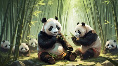 一群熊猫在竹林里吃竹子