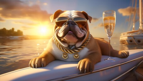 夕阳氛围享受游艇巡游的悠闲斗牛犬