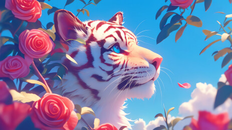 蔷薇花中的白色老虎