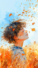 田野间的秋风落叶与短发男孩