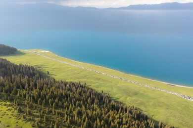 中国新疆，航拍赛里木湖松树头