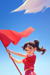 挥舞着一杆红色旗子的女孩