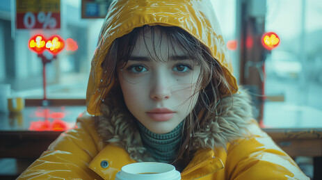 穿黄色雨衣的女子手持咖啡杯