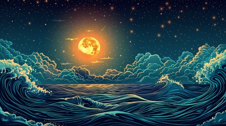 紫色海上明月插画海报背景