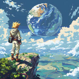 金发星际小子眺望星球，千禧年像素风
