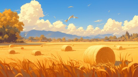 秋天麦田里的卷草麦秸秆