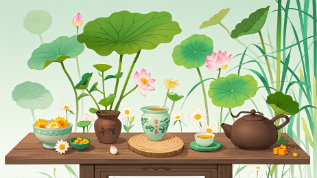 荷花池茶壶创意中国风创意插画