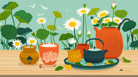 荷花池茶壶创意中国风创意插画