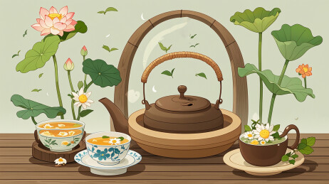 荷花池茶壶创意中国风创意插画