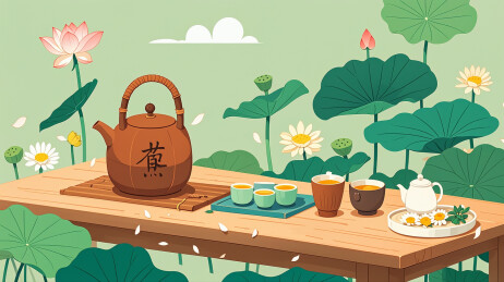 荷花池茶壶创意中国风创意插画