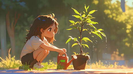 植树节浇水的可爱女孩3D卡通插画