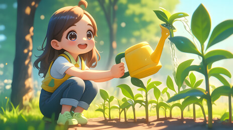 植树节浇水的可爱女孩3D卡通插画