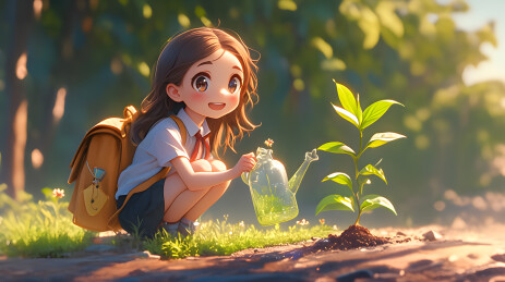 植树节浇水的可爱女孩3D卡通插画