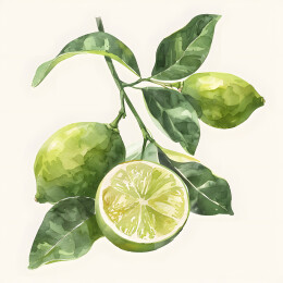 青橙橘子树叶切开水果，水彩画