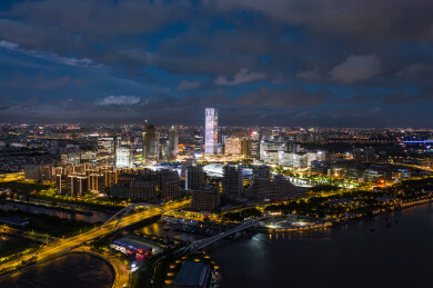 航拍上海前滩太古里城市CBD建筑群夜景