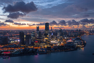 航拍上海徐汇滨江西岸传媒港夜景