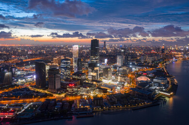 航拍上海徐汇滨江西岸传媒港夜景
