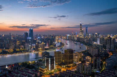 航拍上海滨江两岸城市CBD建筑群夜景