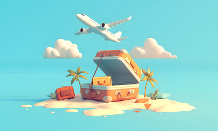 一个旅行箱上面有飞机和蓝天3D插画