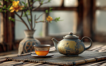 中国风窗台上放着茶壶和茶杯