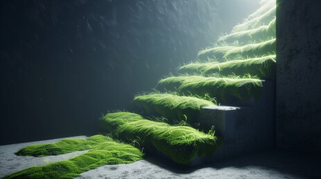 室内阳光下有青苔的台阶楼梯3D插画