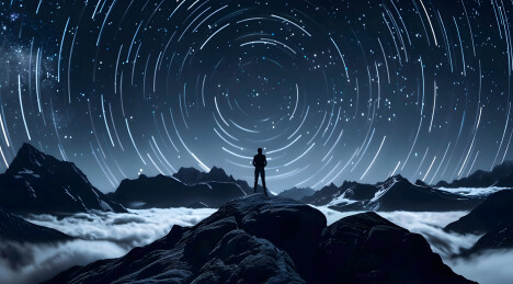 人物站在山顶上眺望星空