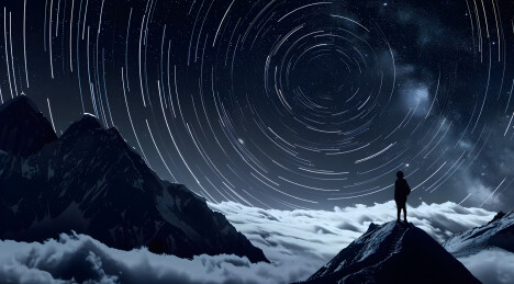 人物站在山顶上眺望星空