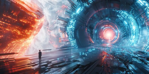 在高科技数字景观中，全息地球为中心，被流