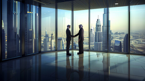 中东城市的写字楼里，两名沙特商人握手致意