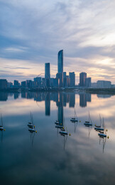 中国江苏苏州金鸡湖清晨航拍