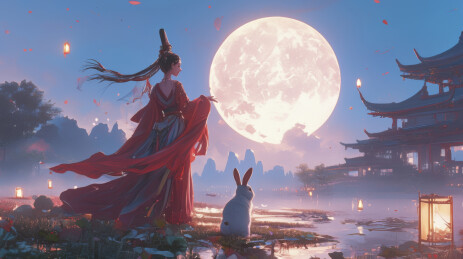 月夜仙子与玉兔共赏明月