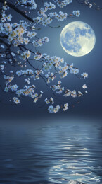 皎月映花影水波荡漾夜色迷人