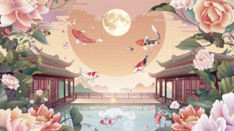 锦鲤花开月圆时分东方意境美