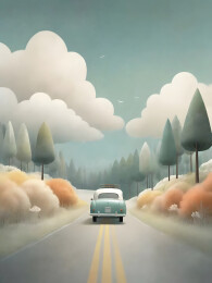 一辆小汽车行驶在风景优美的路上