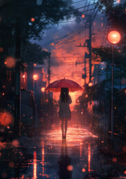 下雨天街头独自撑伞的女生
