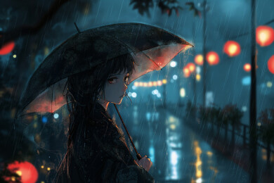 下雨天街头独自撑伞的女生