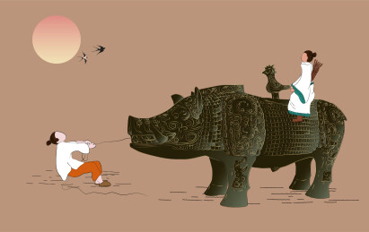 古风青铜器豕形猪尊古人手绘矢量趣味插画