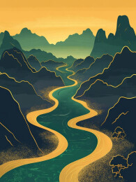 清晨蜿蜒的江水与层层叠叠的山鎏金国潮插画