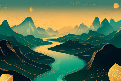 清晨蜿蜒的江水与层层叠叠的山鎏金国潮插画