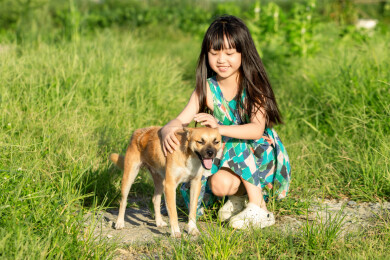 亚洲小女孩带着小狗在户外