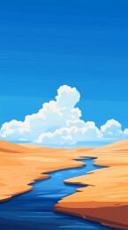 夏季晴朗蓝天白云辽阔无边的的沙漠绘画插画