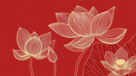 中式红色喜庆背景 金色荷花荷叶线稿